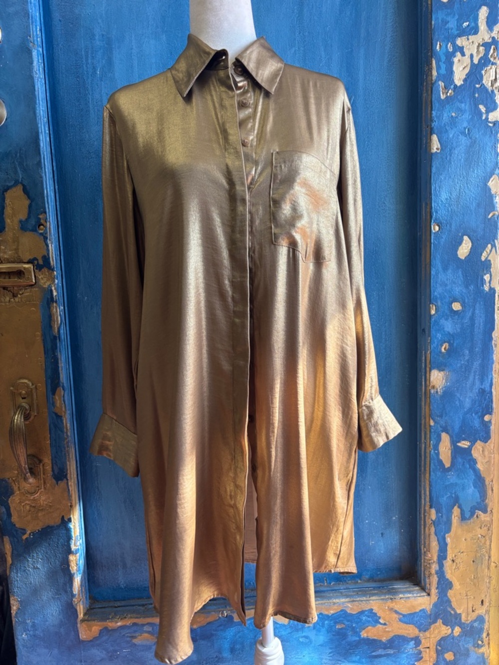 Metallic Bronze Button-Up Tunic Shirt